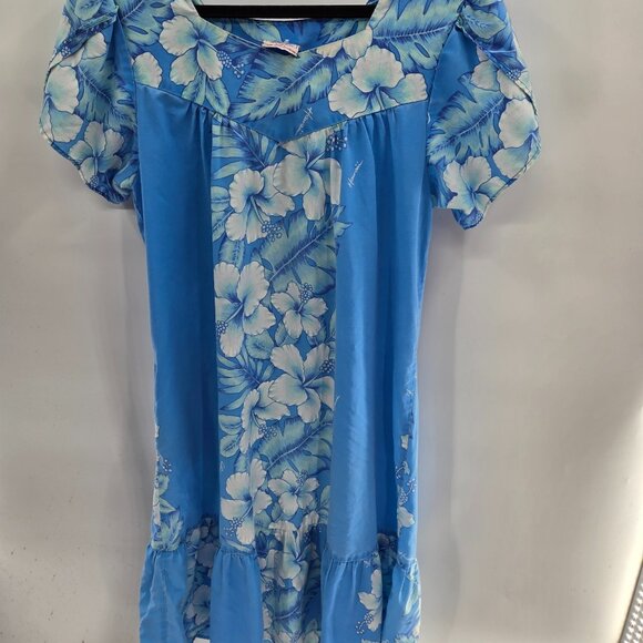 Vintage Kalena Fashions Made in Hawaii Blue 80s Lounge Pockets Dress Mumu Large - Picture 1 of 10